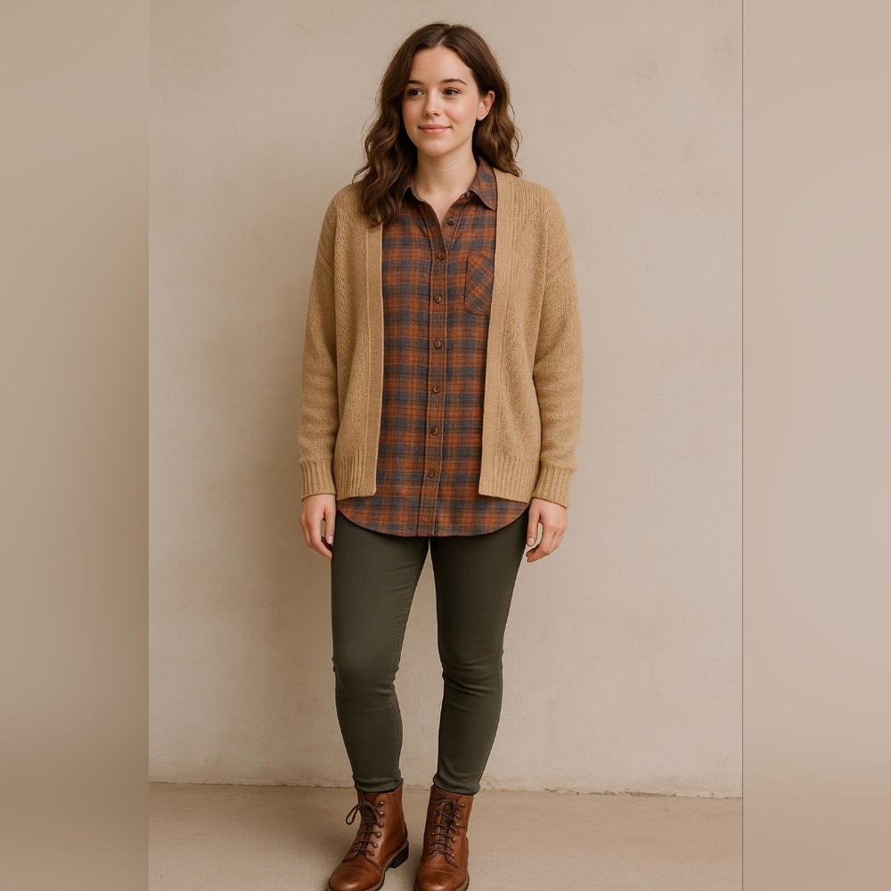 Rust Plaid Button Down Shirt Cozy Fall Layering Top Size XXL
